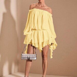 Yellow Boho Women's Elegant French Style Off Shoulder Long Sleeve Shirt Dress